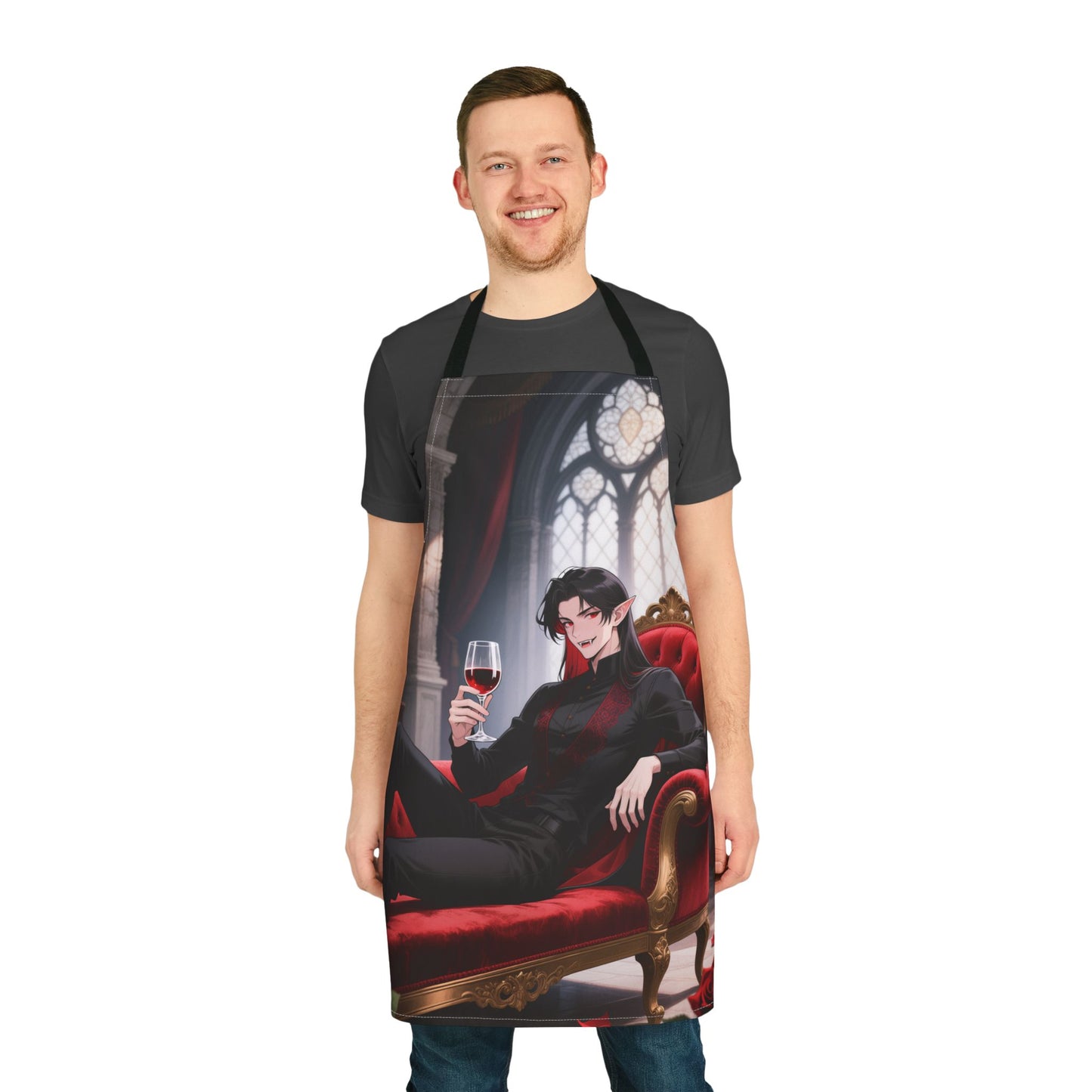 Dracula Vampire Kitchen Apron — Gothic Anime Chef Apron (Stain-Resistant Canvas, One-Size Tie-Back, High-Resolution Print)