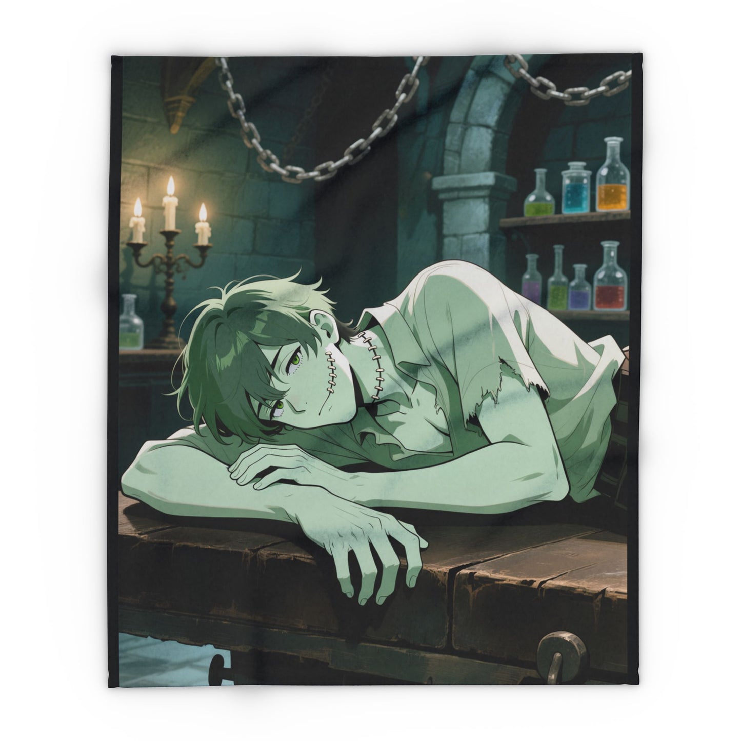 Adam Frankenstein Lab Fleece Blanket — Anime Frankenstein’s Monster Throw | Gothic Cozy Home Decor  | Yaoi Monsters