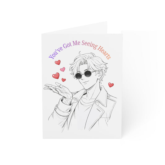 Invisible Man Theo Valentine Card, “You’ve Got Me Seeing Hearts” | Romantic Anime Greeting Card