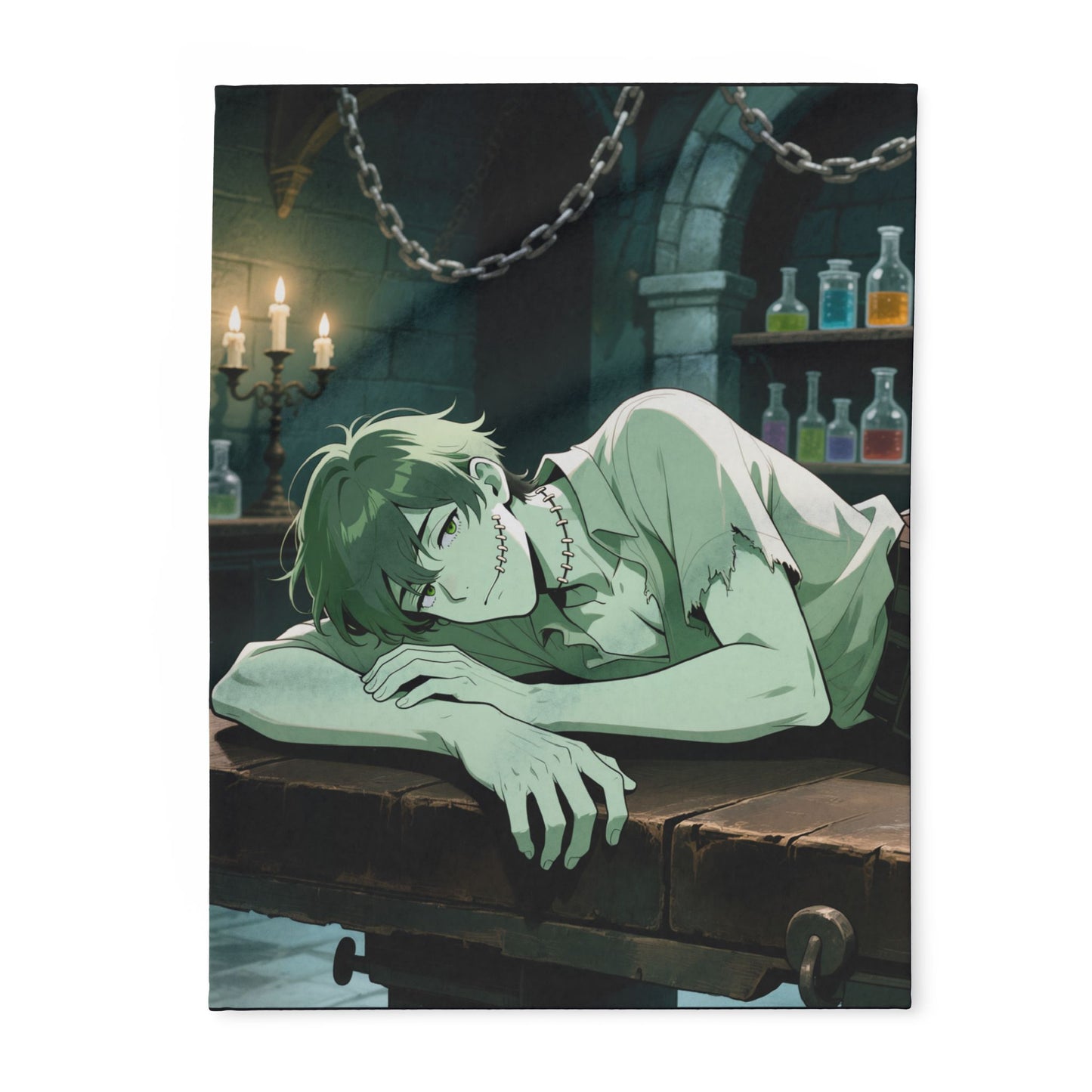 Adam Frankenstein Lab Fleece Blanket — Anime Frankenstein’s Monster Throw | Gothic Cozy Home Decor  | Yaoi Monsters