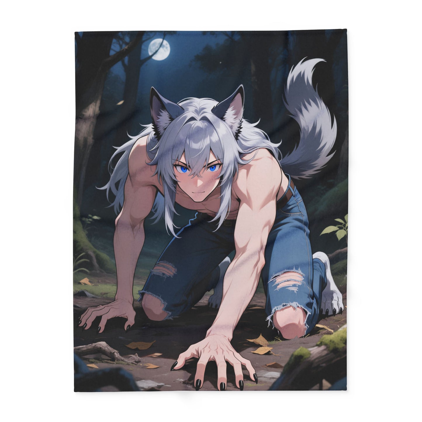 Luca Moonlit Werewolf Plush Fleece Blanket — Anime Wolfman Throw by Yaoi Monsters