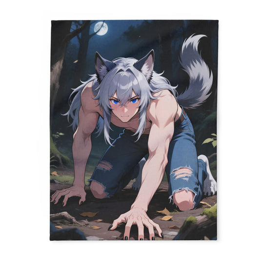 Luca Moonlit Werewolf Plush Fleece Blanket — Anime Wolfman Throw by Yaoi Monsters
