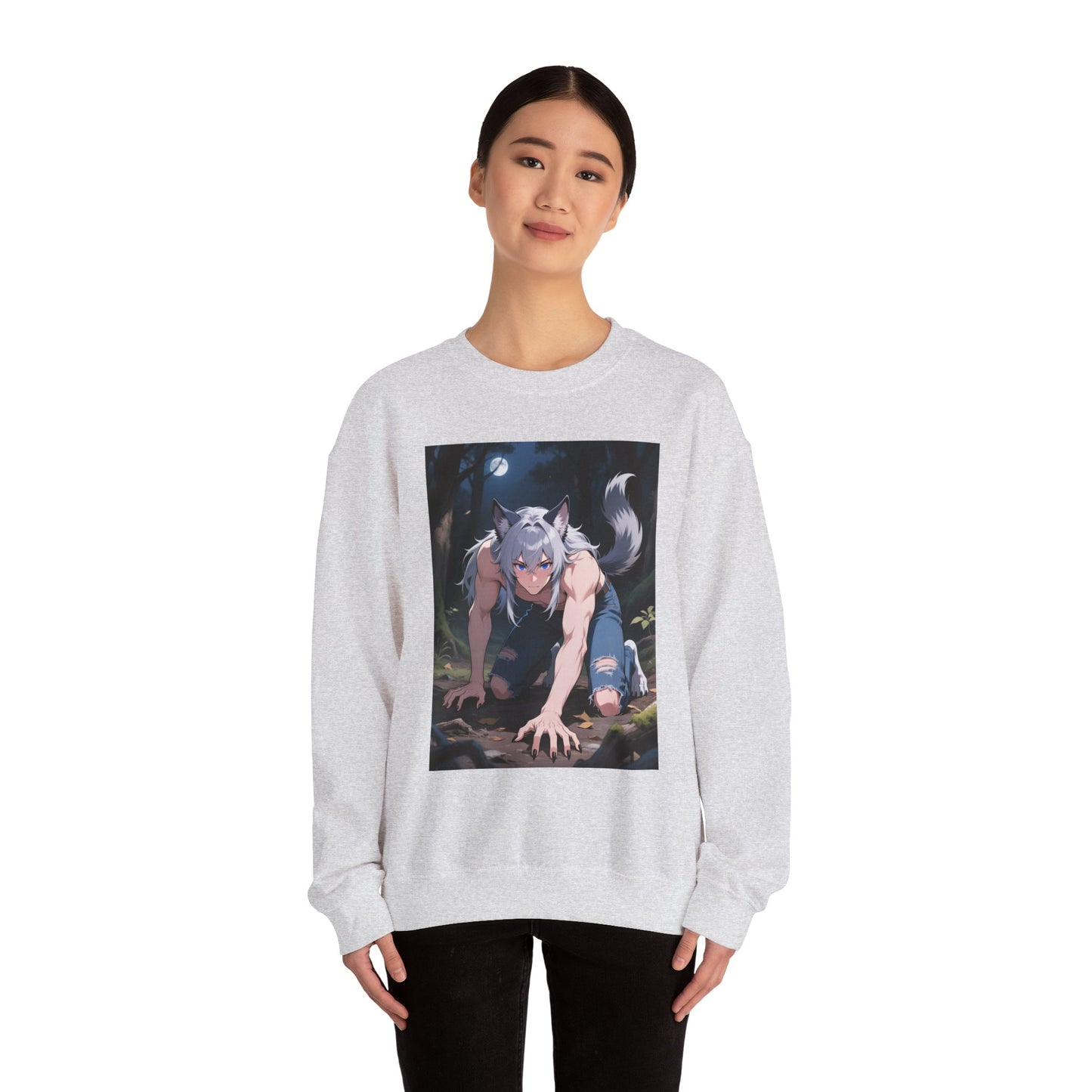 Luca Werewolf Crewneck Sweatshirt — Unisex Heavy-Blend Pullover (Gothic Anime Wolfman, Fleece Interior, Custom Embroidery, Oeko-Tex Dyes)