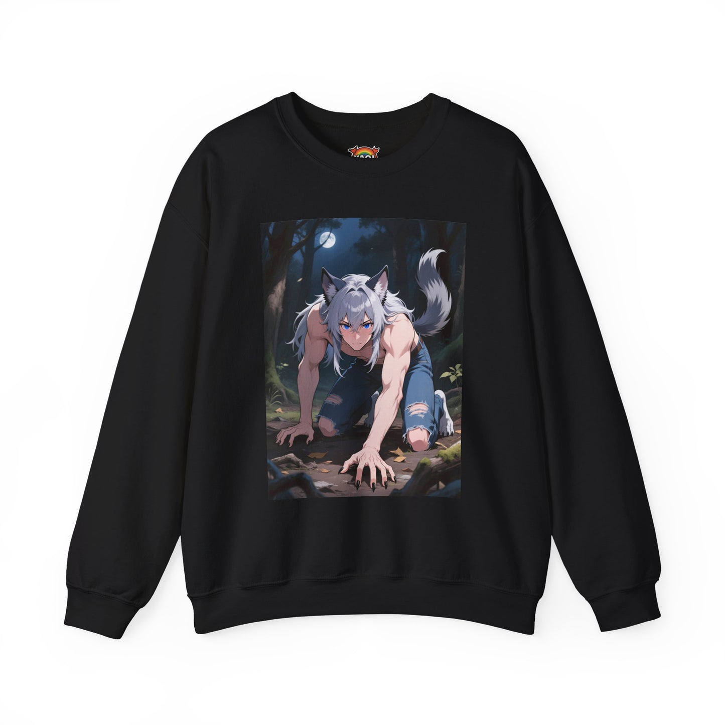 Luca Werewolf Crewneck Sweatshirt — Unisex Heavy-Blend Pullover (Gothic Anime Wolfman, Fleece Interior, Custom Embroidery, Oeko-Tex Dyes)
