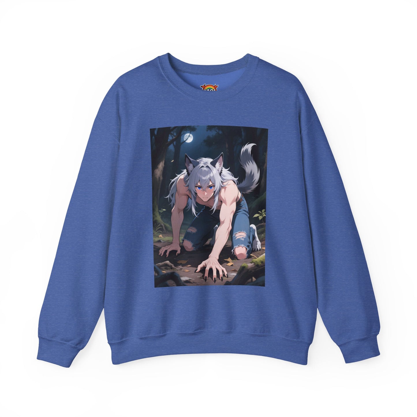 Luca Werewolf Crewneck Sweatshirt — Unisex Heavy-Blend Pullover (Gothic Anime Wolfman, Fleece Interior, Custom Embroidery, Oeko-Tex Dyes)