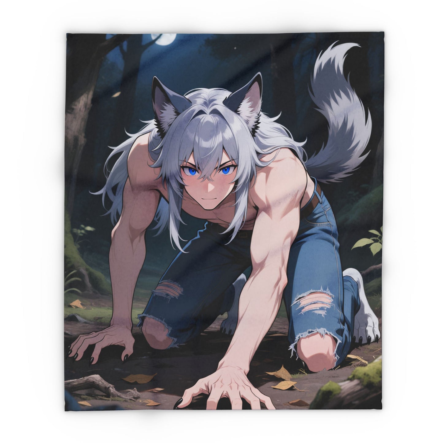 Luca Moonlit Werewolf Plush Fleece Blanket — Anime Wolfman Throw by Yaoi Monsters