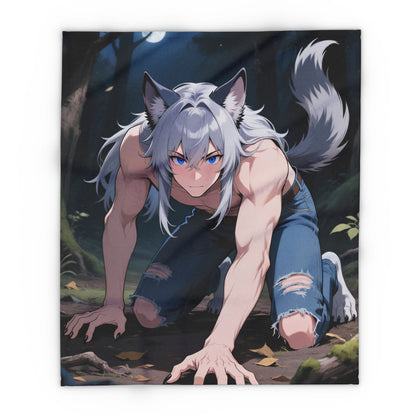 Luca Moonlit Werewolf Plush Fleece Blanket — Anime Wolfman Throw by Yaoi Monsters