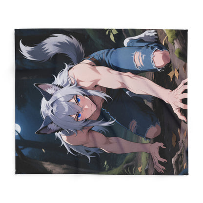 Luca Moonlit Werewolf Plush Fleece Blanket — Anime Wolfman Throw by Yaoi Monsters